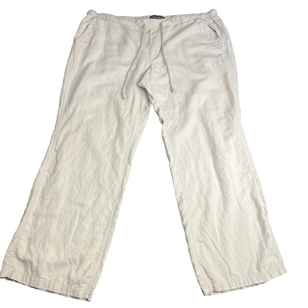 Eddie Bauer Womens XL Beige Linen Cotton Blend Drawstring Relaxed Straight Pants